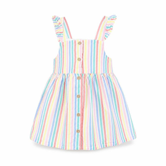F&F Girls Multicoloured Striped Woven Pinafore/Dungaree Dress  Size 9-12 Months