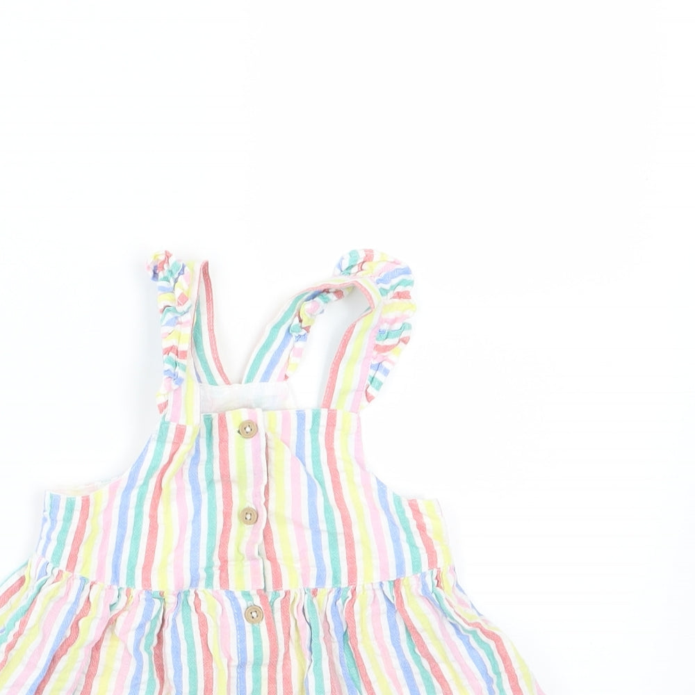 F&F Girls Multicoloured Striped Woven Pinafore/Dungaree Dress  Size 9-12 Months