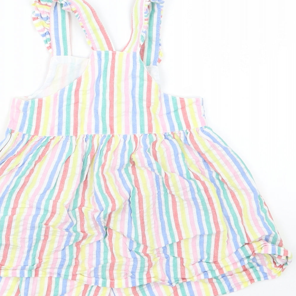 F&F Girls Multicoloured Striped Woven Pinafore/Dungaree Dress  Size 9-12 Months