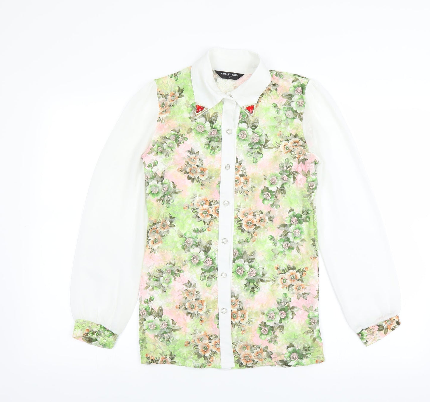Collection London Womens Green Floral  Basic Blouse Size S  - sheer lace