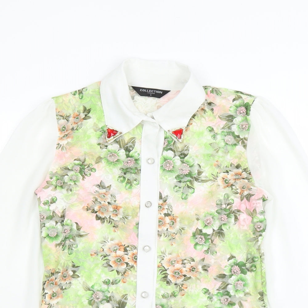 Collection London Womens Green Floral  Basic Blouse Size S  - sheer lace