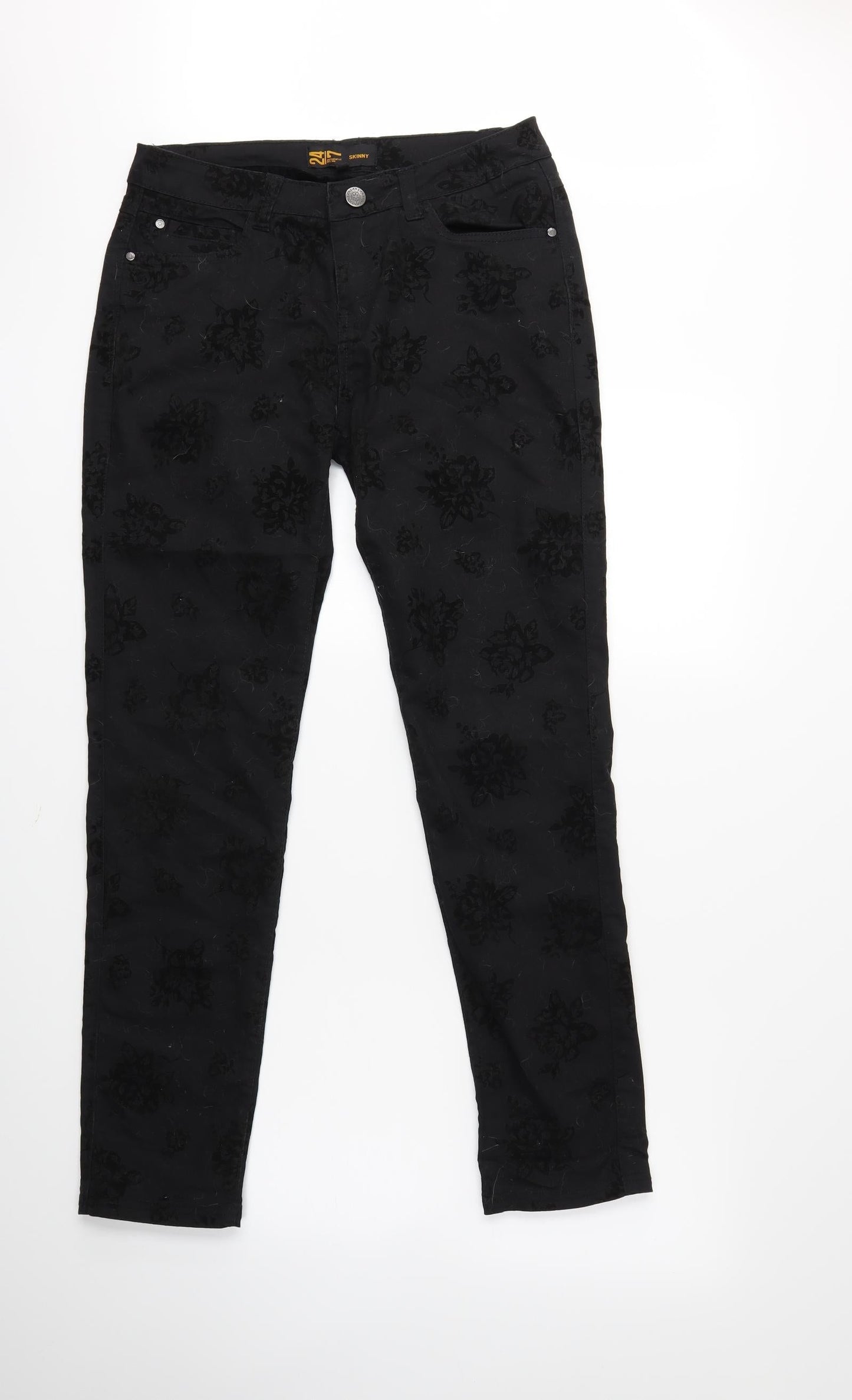 24/7 Authentic Denim Womens Black Floral Denim Skinny Jeans Size 12 L30 in