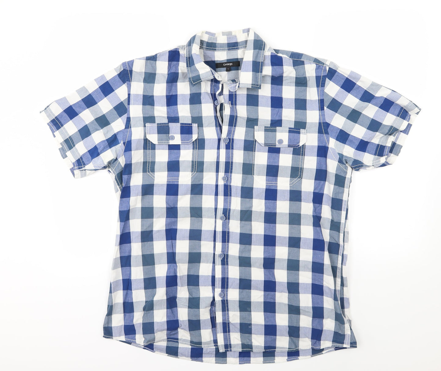 George Mens Blue Check Woven  Button-Up Size L