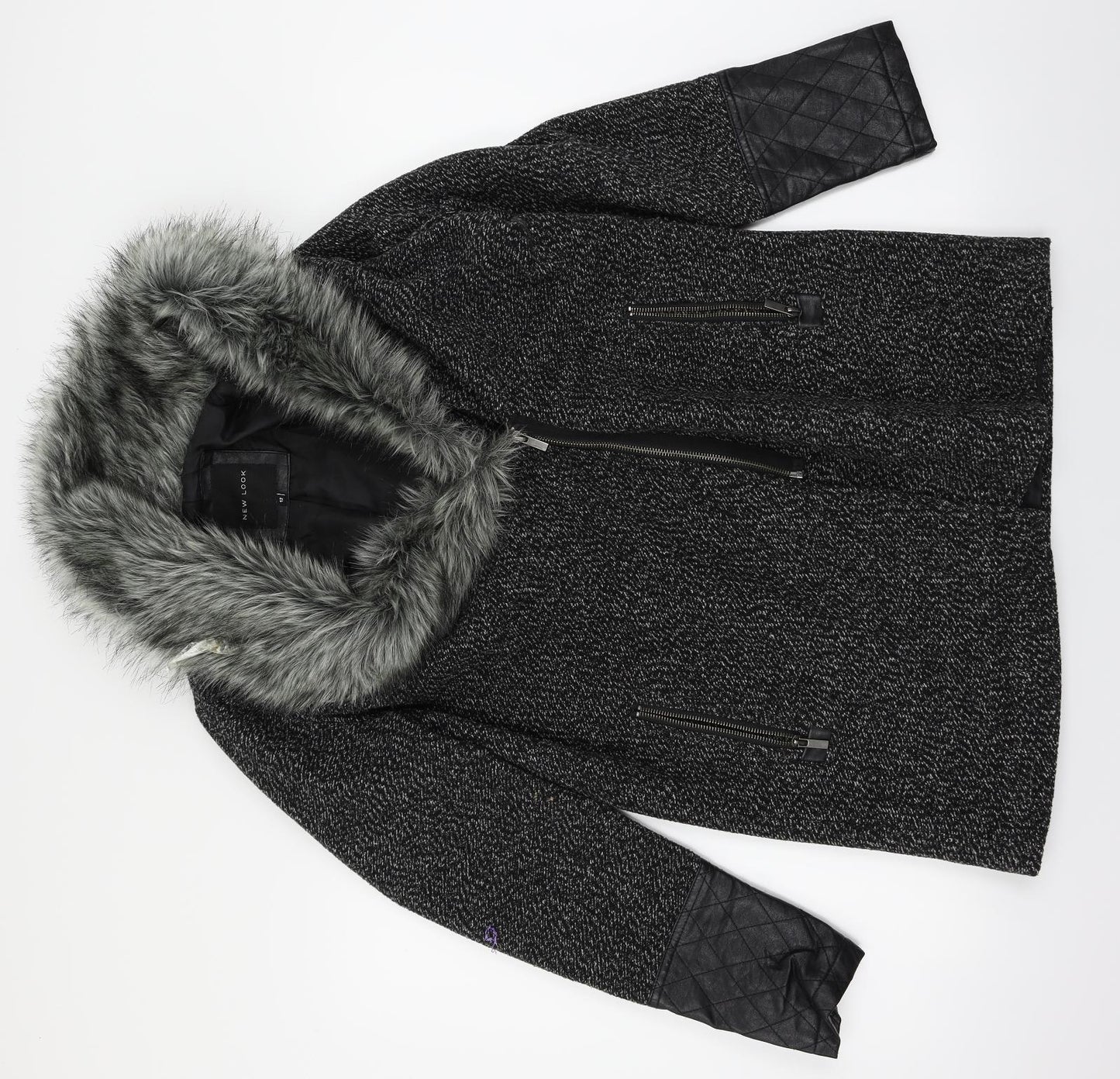 New Look  Womens Grey Herringbone  Overcoat Coat Size 12