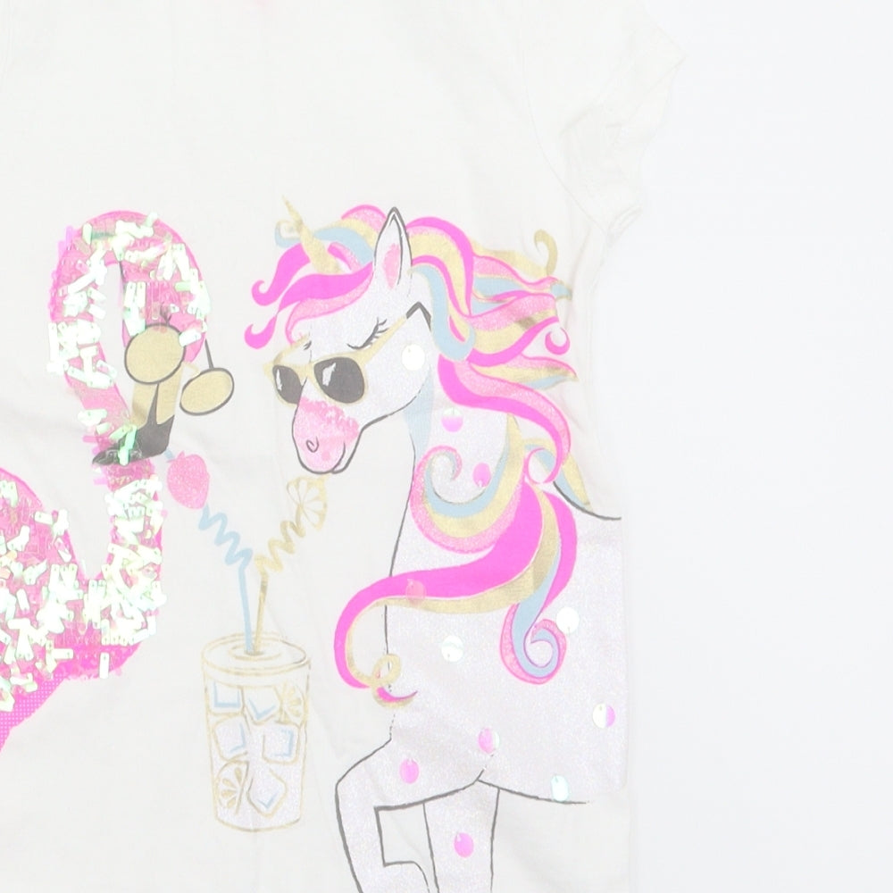 F&F Girls White   Basic T-Shirt Size 5-6 Years  - Unicorn Flamingo