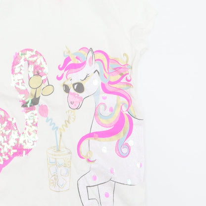 F&F Girls White   Basic T-Shirt Size 5-6 Years  - Unicorn Flamingo