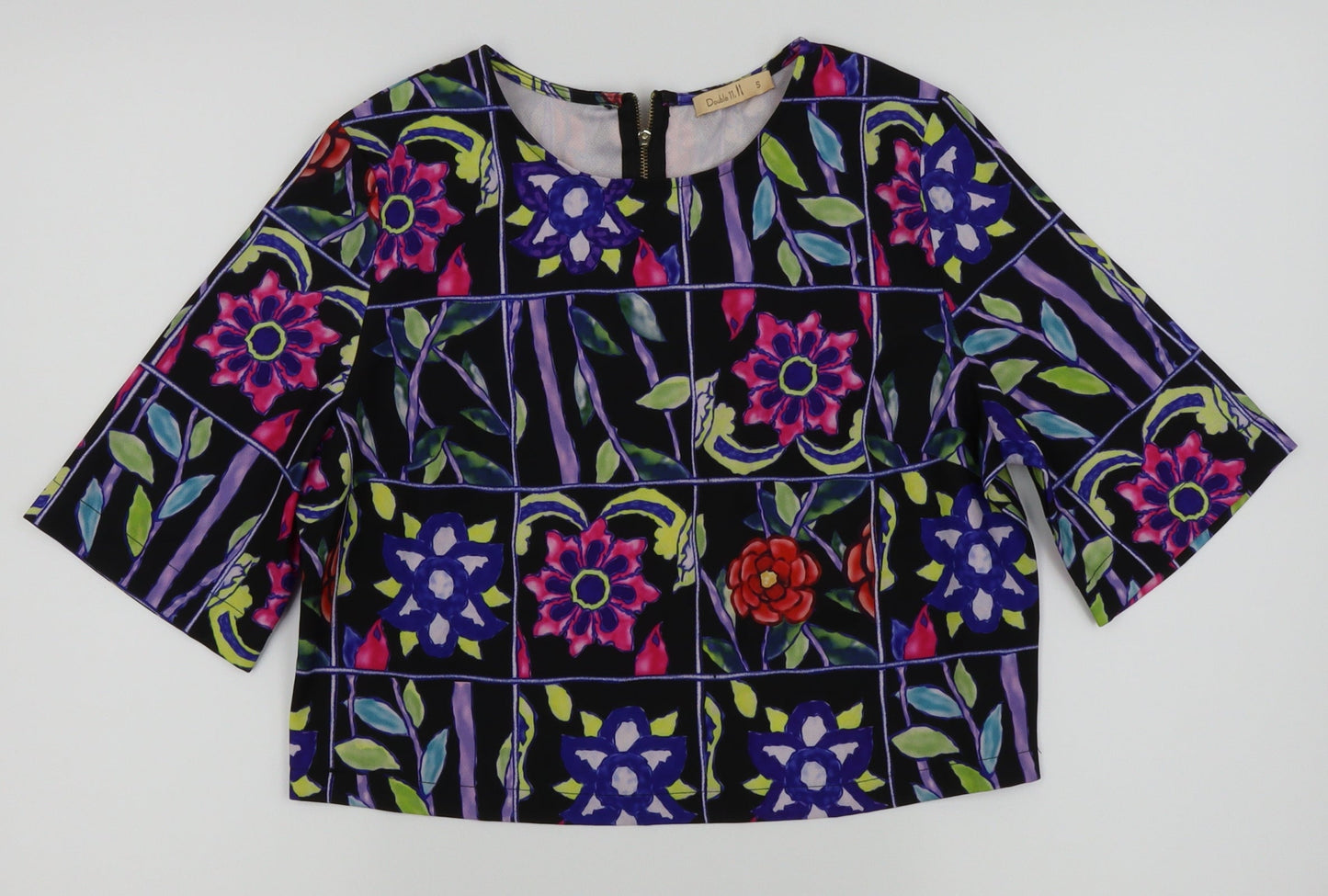 Double 11 Womens Black Floral  Basic T-Shirt Size S