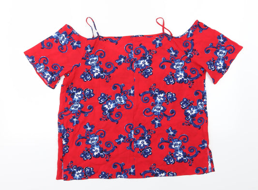 Papaya Womens Red Floral Jersey Basic T-Shirt Size 14