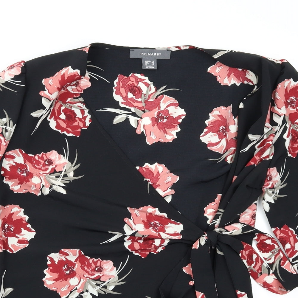 Primark Womens Black Floral  Wrap Blouse Size 8