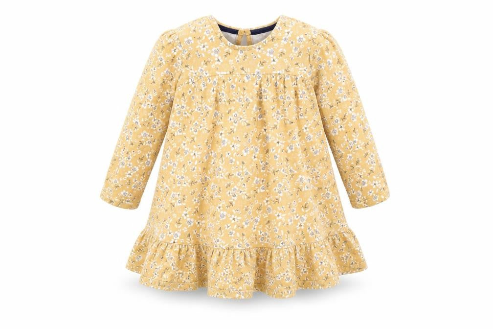 Front view of F&F girls’ yellow floral a-line, size 18-24, months