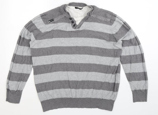 George Mens Grey Striped Knit Pullover Jumper Size XL