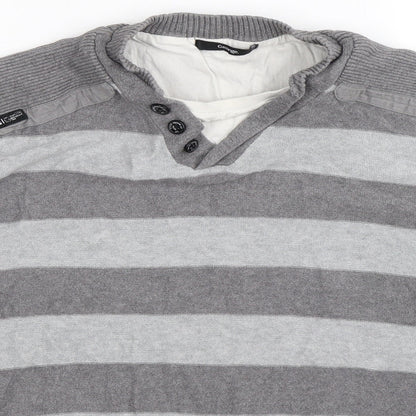 George Mens Grey Striped Knit Pullover Jumper Size XL