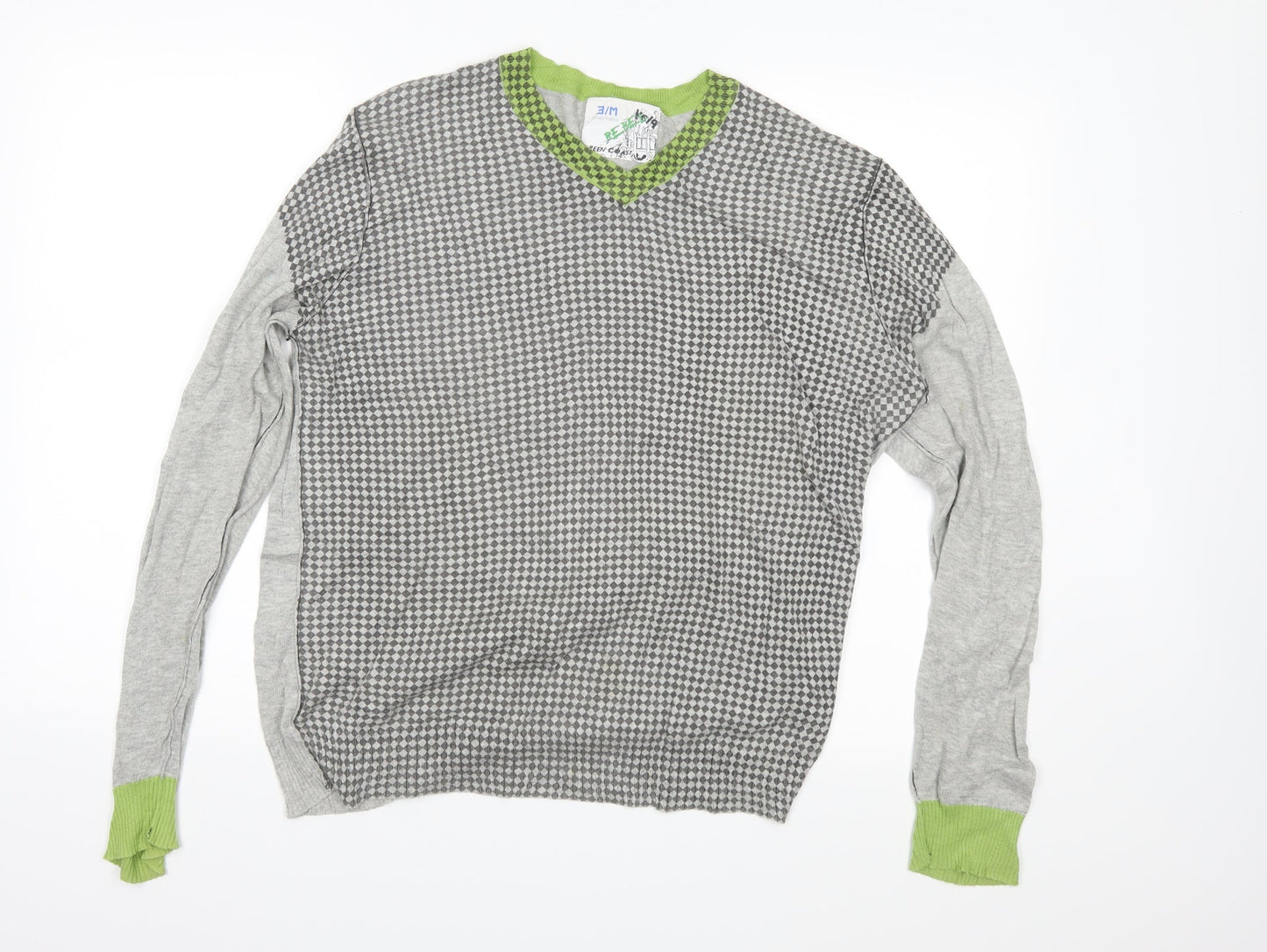 Green Coast Mens Grey Check Knit Pullover Jumper Size M