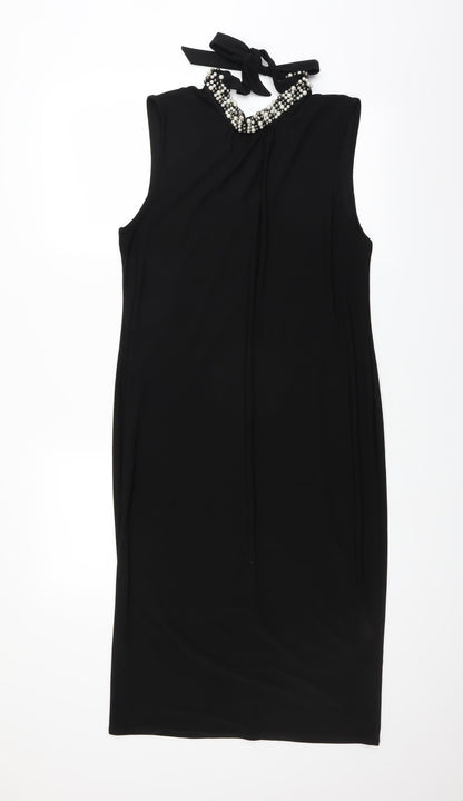 Preworn Womens Black   Pencil Dress    - beaded neckline