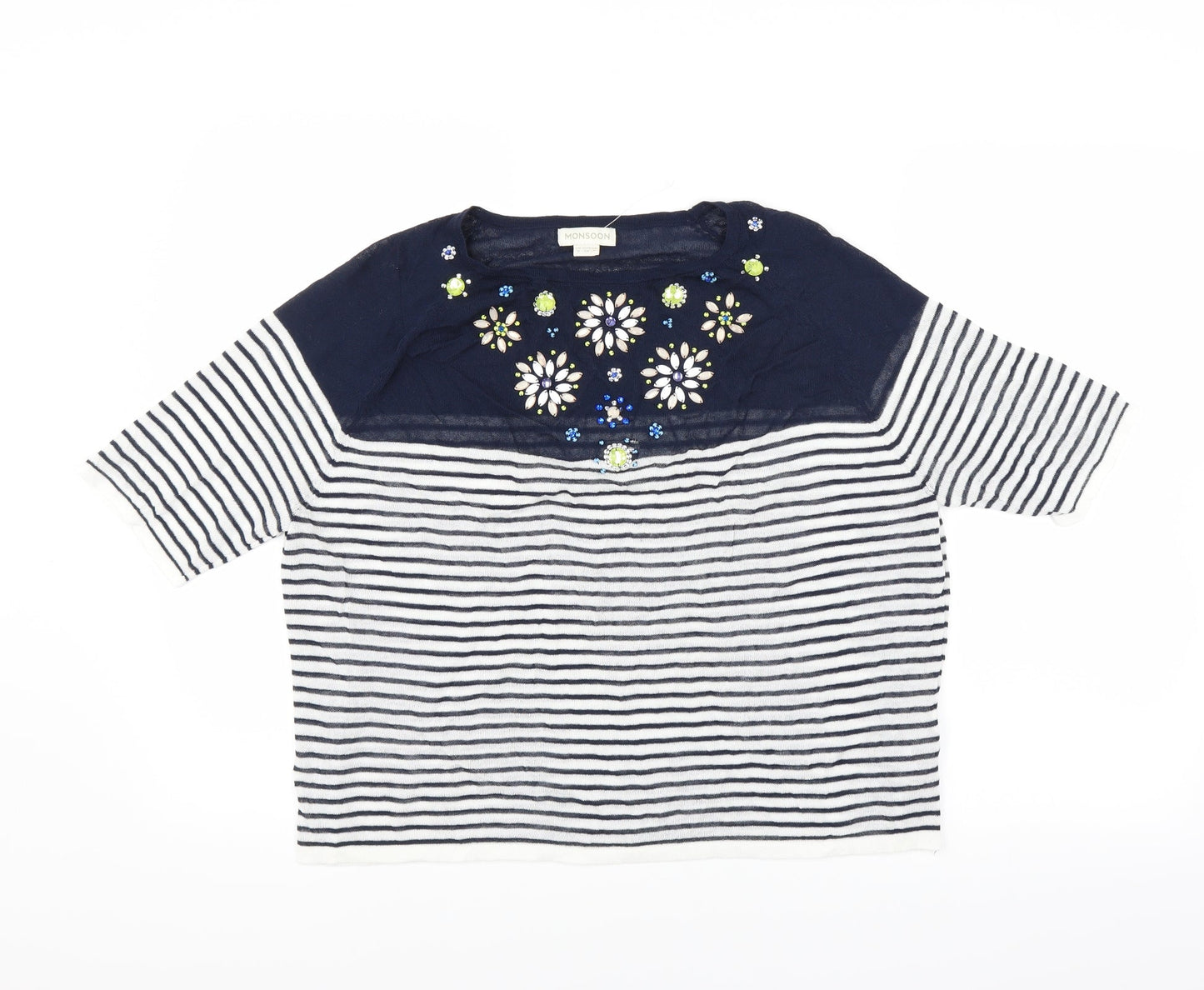 Monsoon Womens Blue Striped  Pullover Jumper Size 8  - floral beading detail