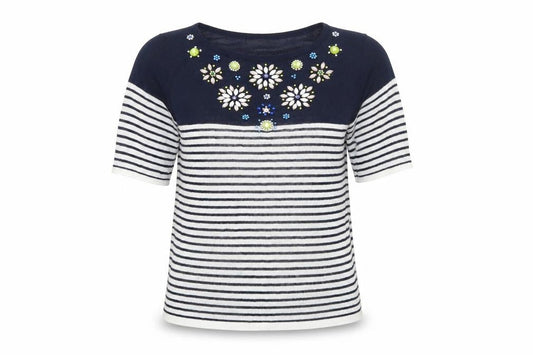 Monsoon Womens Blue Striped  Pullover Jumper Size 8  - floral beading detail