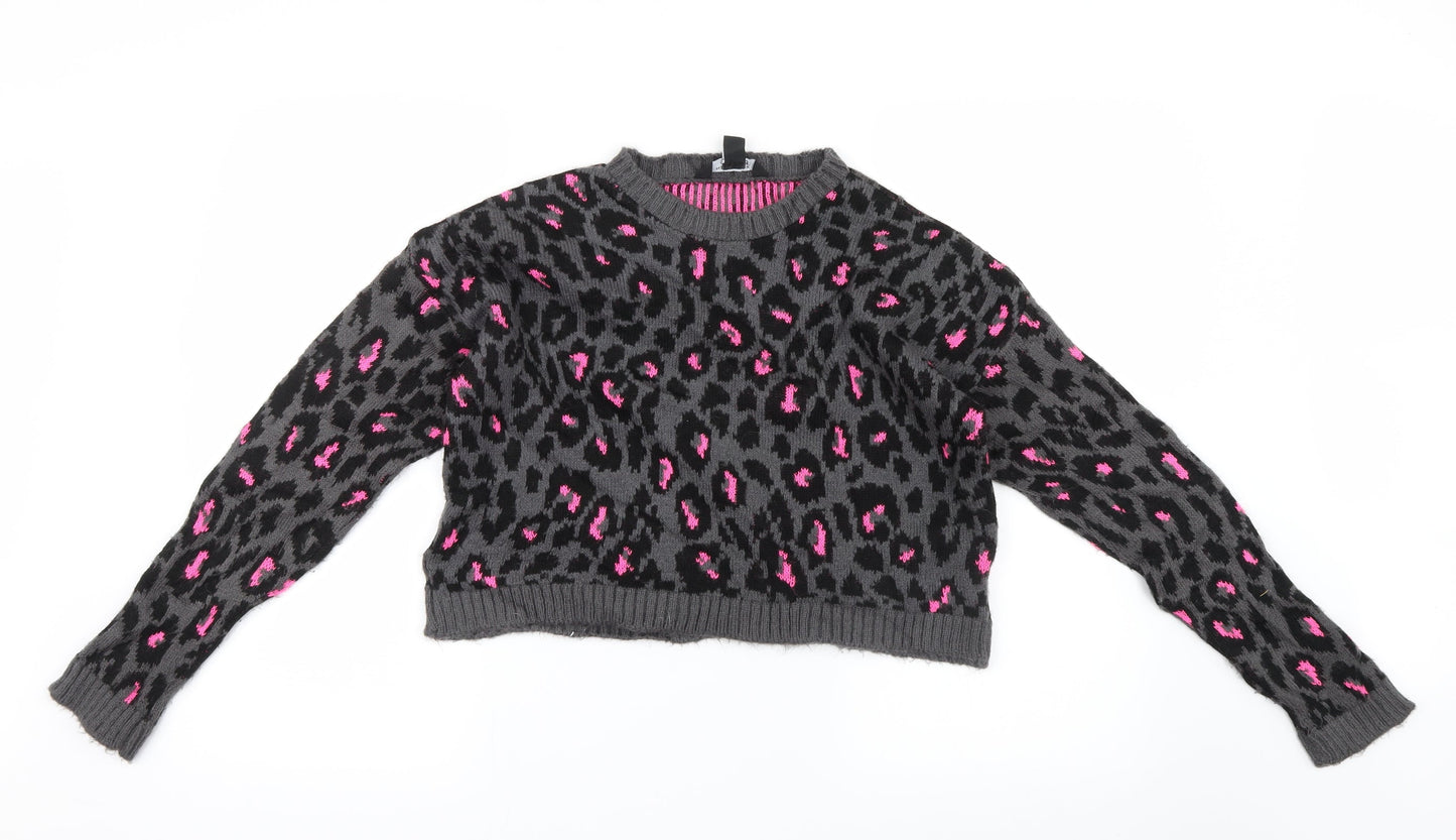 New Look Girls Grey Animal Print Knit Pullover Jumper Size 12-13 Years