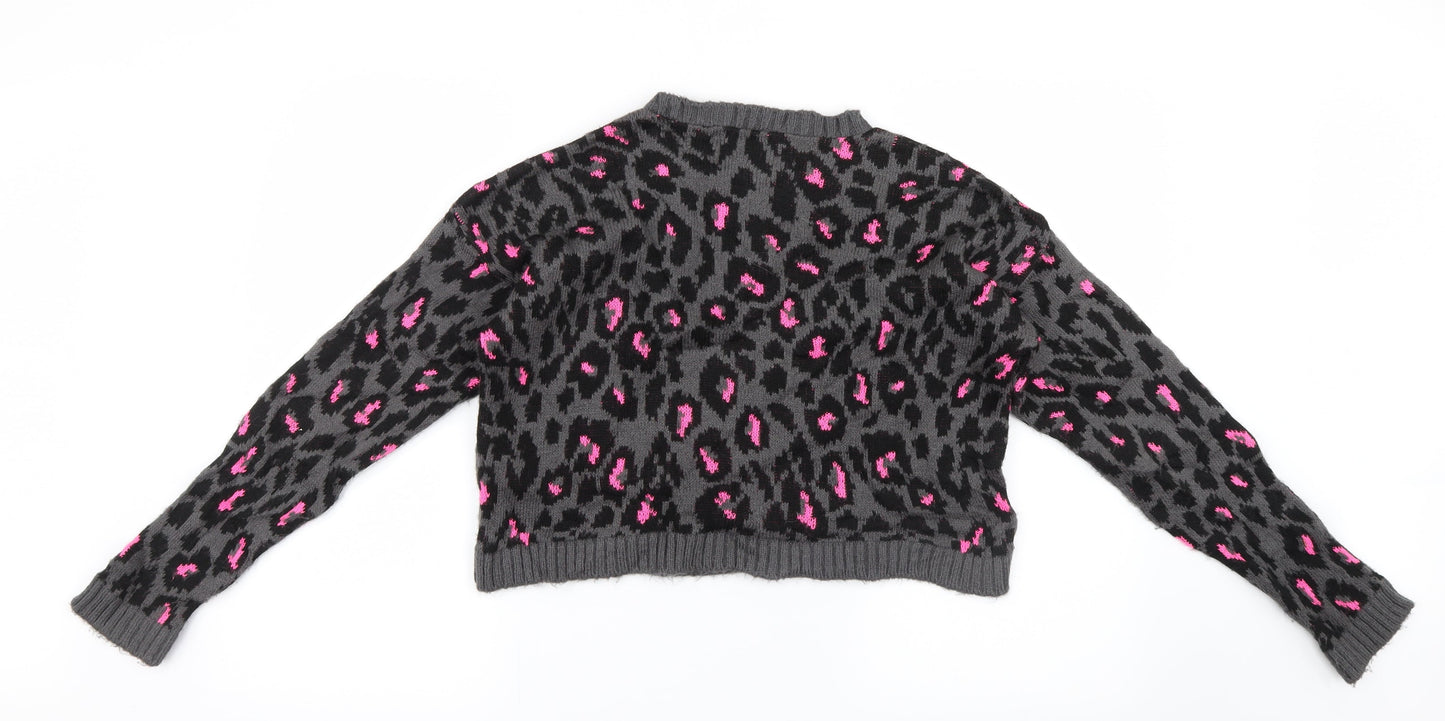New Look Girls Grey Animal Print Knit Pullover Jumper Size 12-13 Years