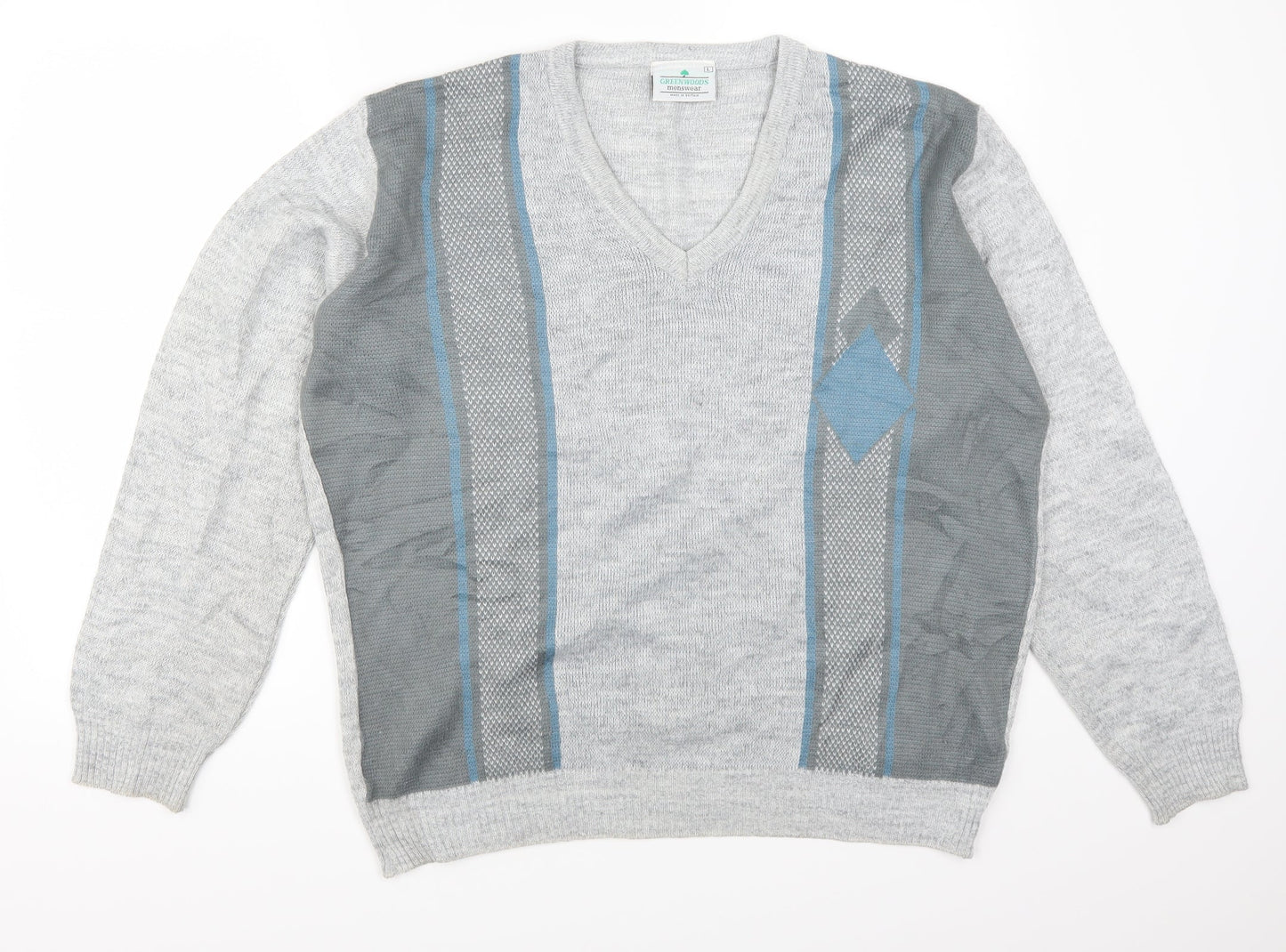 Greenwoods Mens Grey Striped  Pullover Jumper Size L