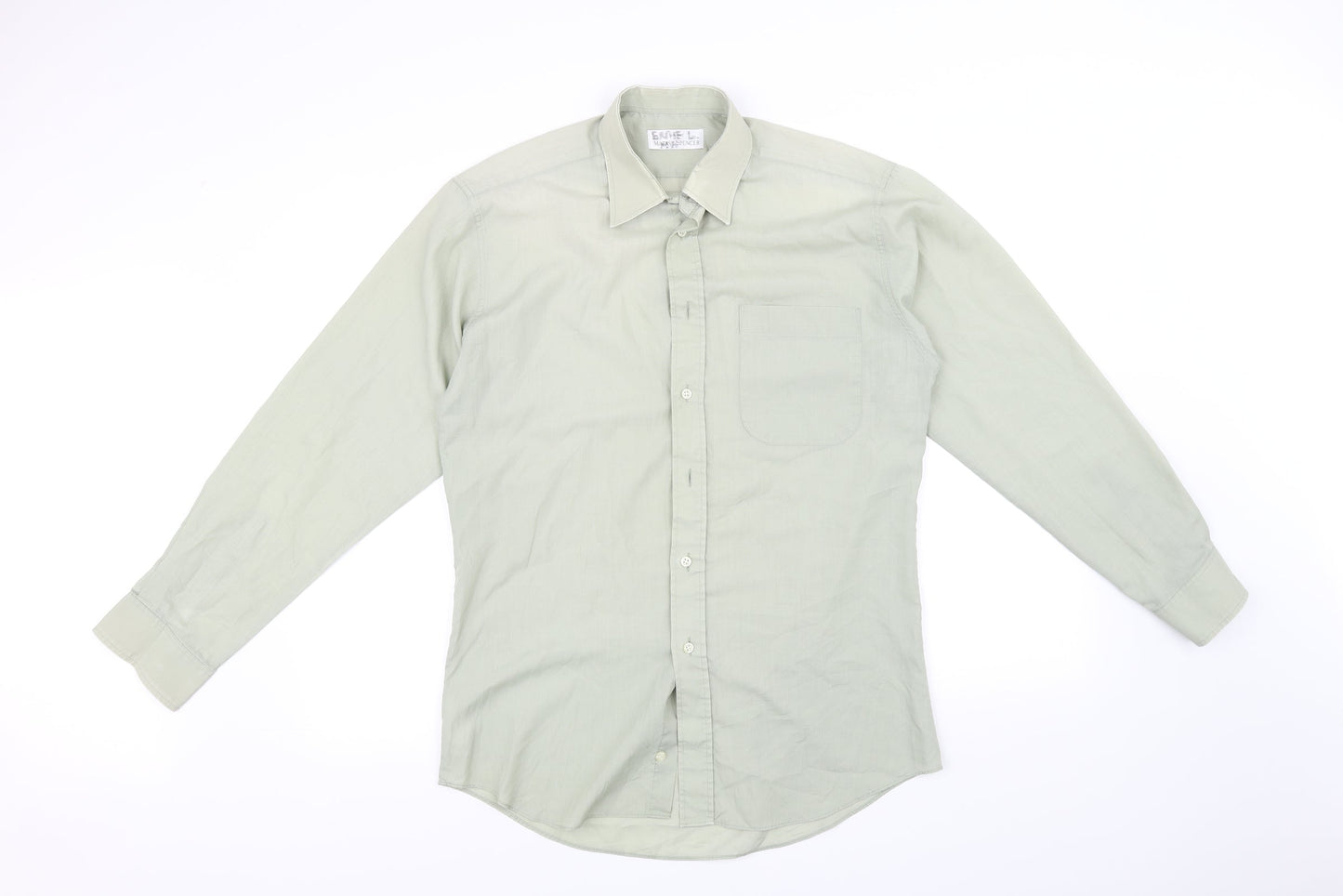 Mens UK Size 15 Marks and Spencer Green  Button-Up Long Sleeve Casual Shirt