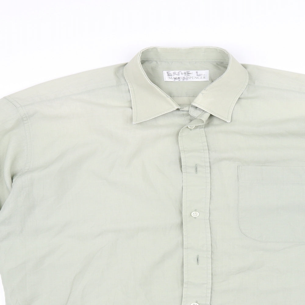 Mens UK Size 15 Marks and Spencer Green  Button-Up Long Sleeve Casual Shirt