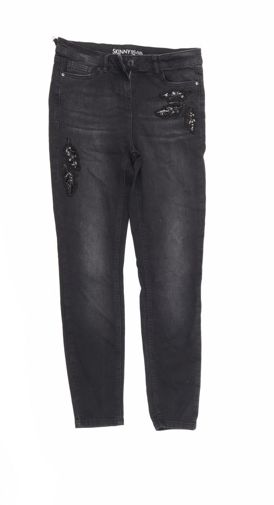 NEXT Womens Black Floral Denim Skinny Jeans Size 8 L28 in