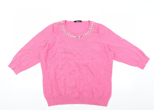 BM Collection Womens Pink   Pullover Jumper Size L  - beaded neckline