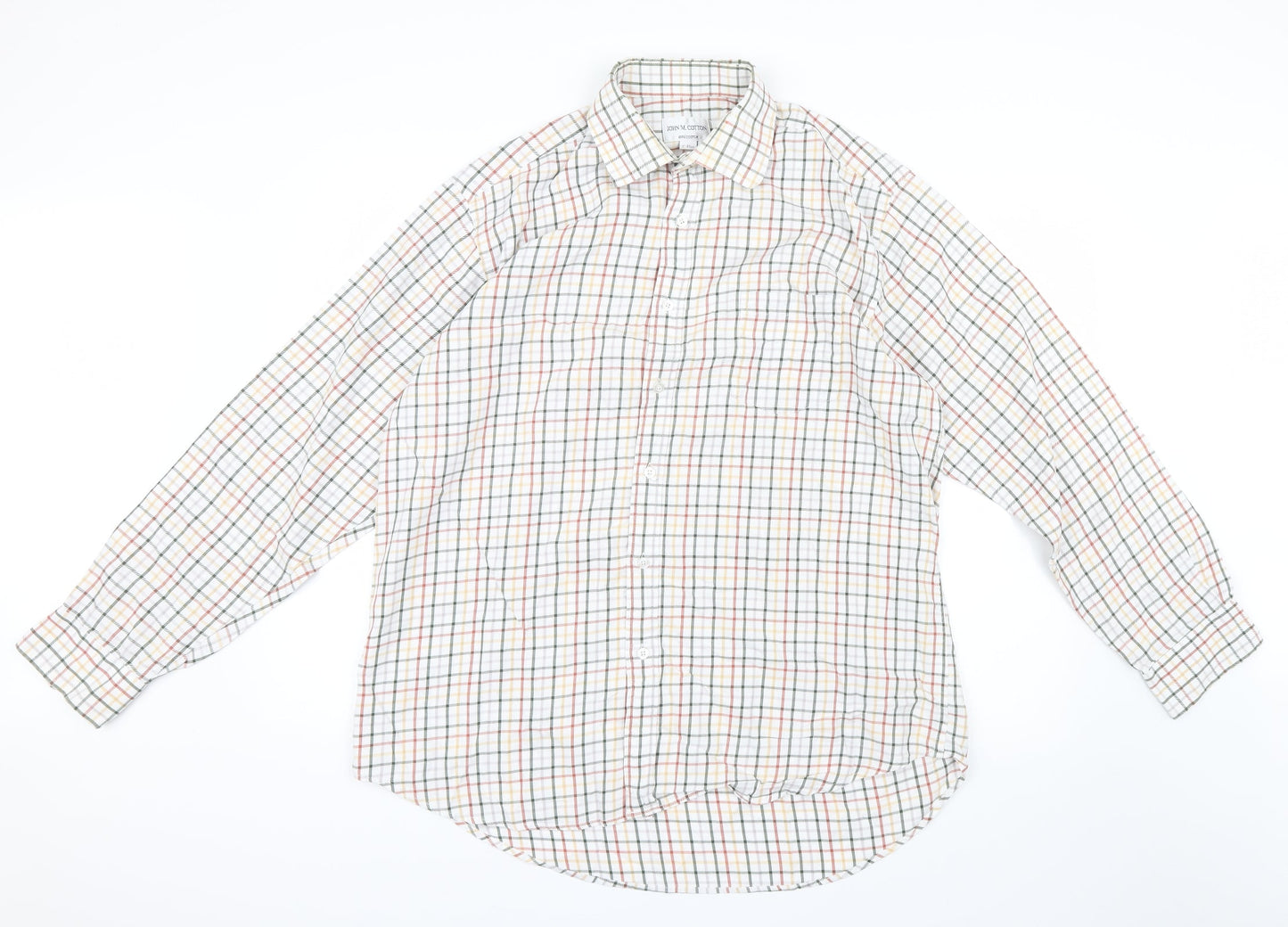 Mens UK Size 17 John M. Cotton Green  Button-Up Long Sleeve Casual Shirt