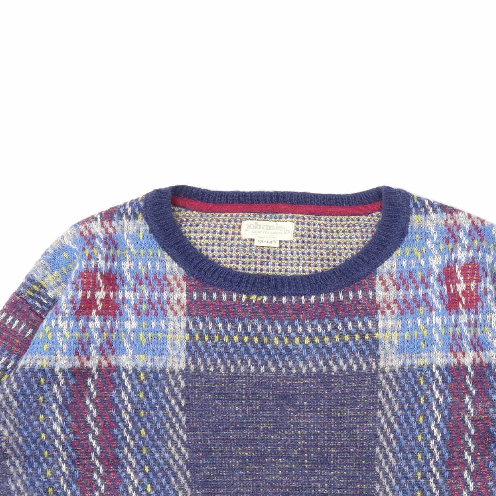 Johnnie B Boys Blue Check Knit Pullover Jumper Size 13 Years