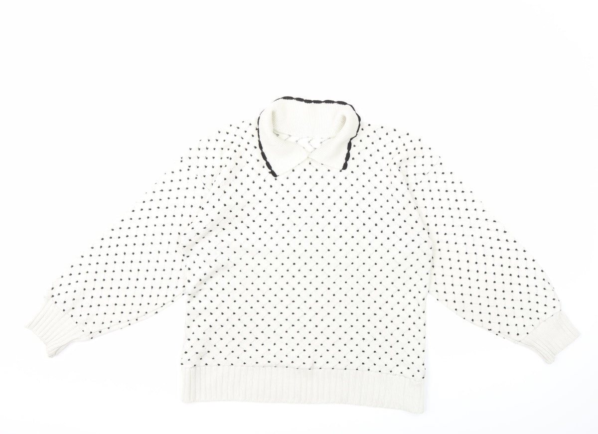 Preworn Womens White Polka Dot Knit Pullover Jumper Size L