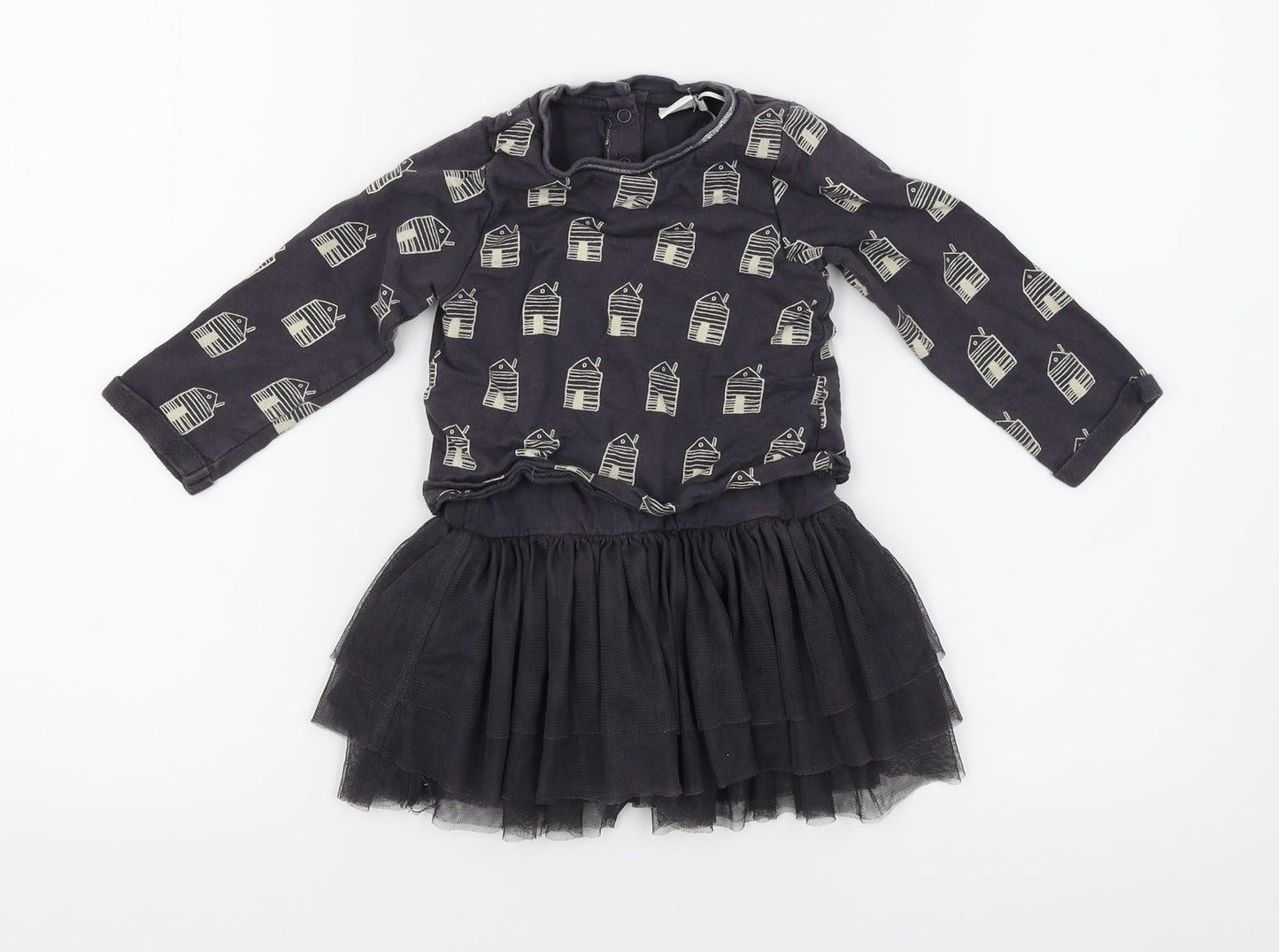 Mini Club Baby Blue Geometric  Fit & Flare  Size 12-18 Months  - houses print
