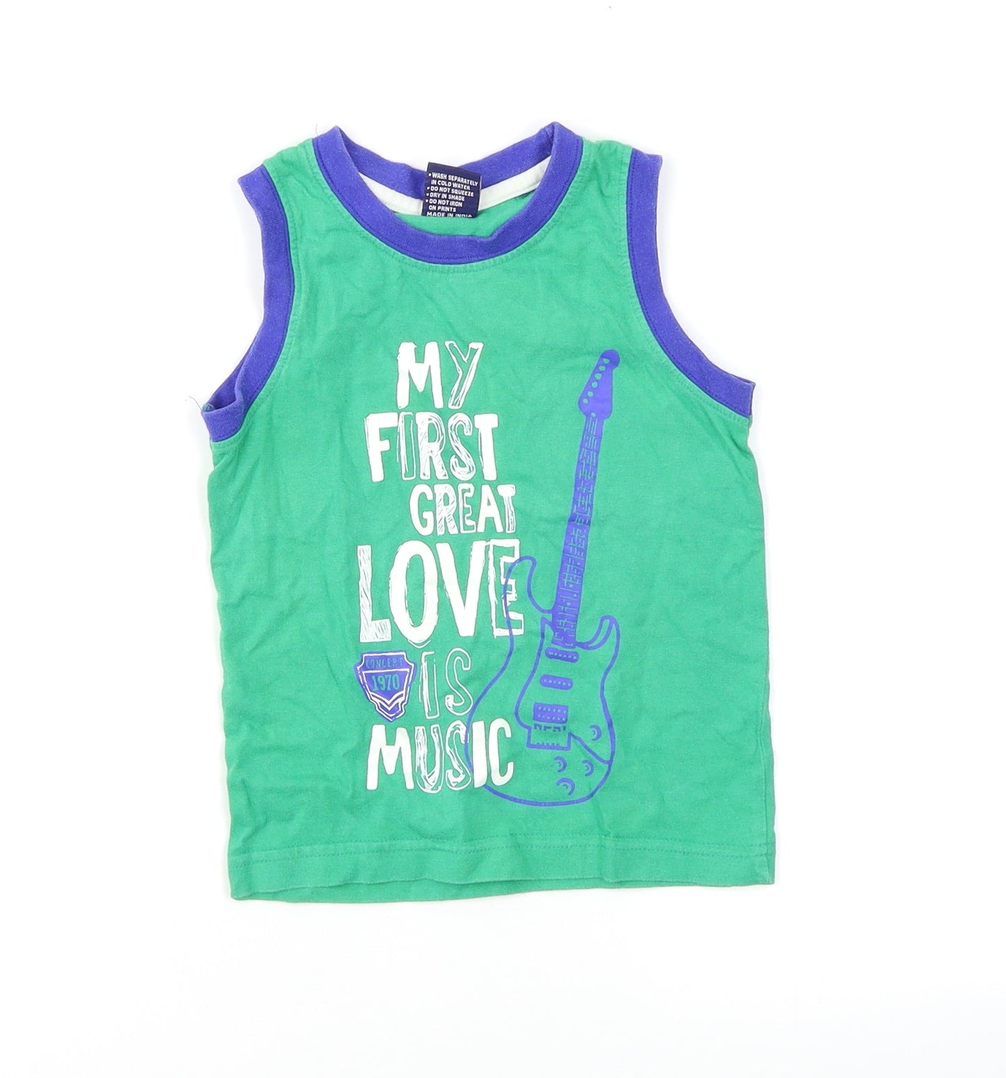 Taeko Boys Green Houndstooth  Basic T-Shirt Size 2-3 Years  - Guitar print