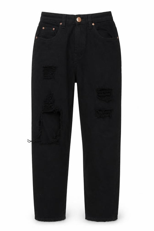 PRETTYLITTLETHING Womens Black  Denim Mom Jeans Size 6 L30 in - Distressed Hems