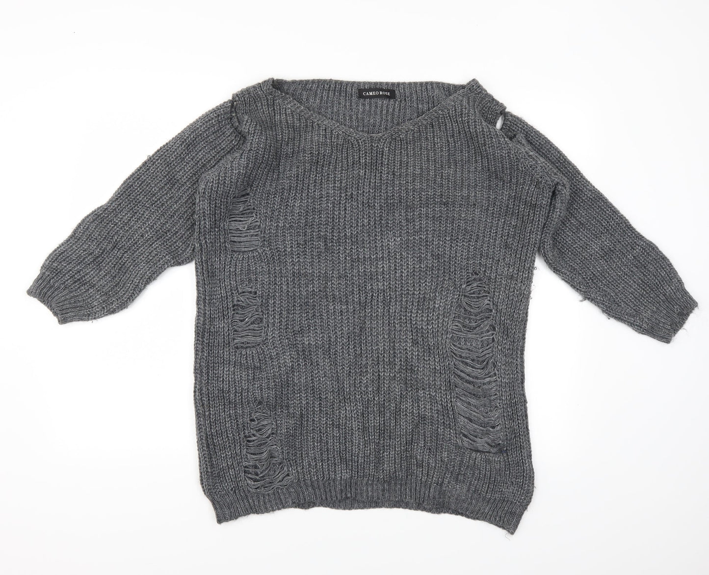 CAMEO ROSE Womens Grey   Henley Jumper Size M  - Distressed