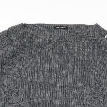 CAMEO ROSE Womens Grey   Henley Jumper Size M  - Distressed