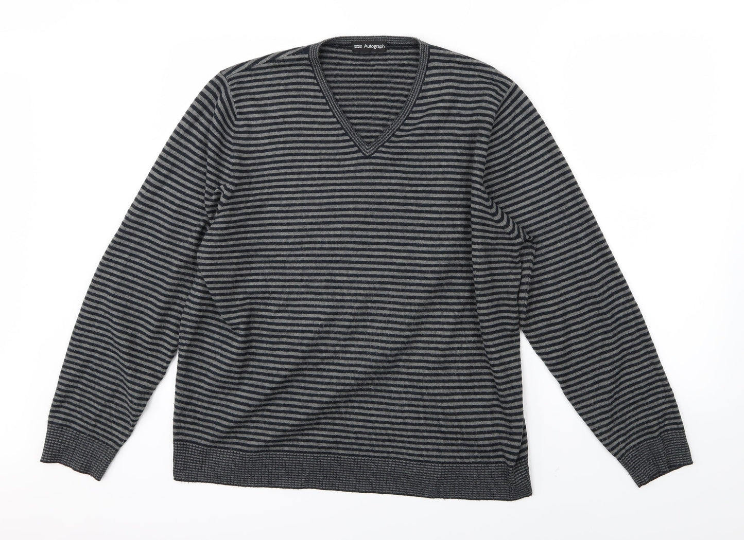 Marks and Spencer Mens Grey Striped Knit Pullover Jumper Size L
