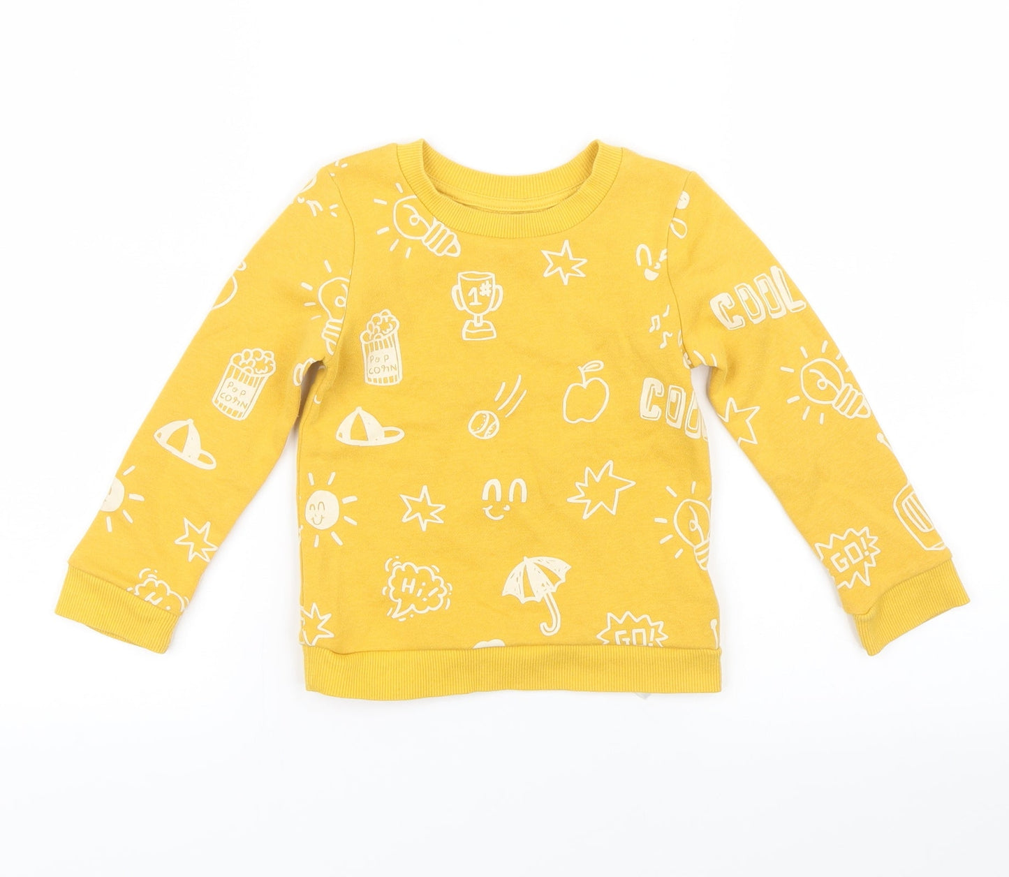 Primark  Yellow Spotted  Pullover Jumper Size 24 Months  - popcorn, star, apple