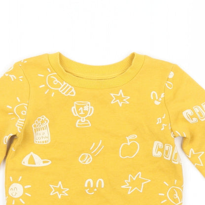 Primark  Yellow Spotted  Pullover Jumper Size 24 Months  - popcorn, star, apple
