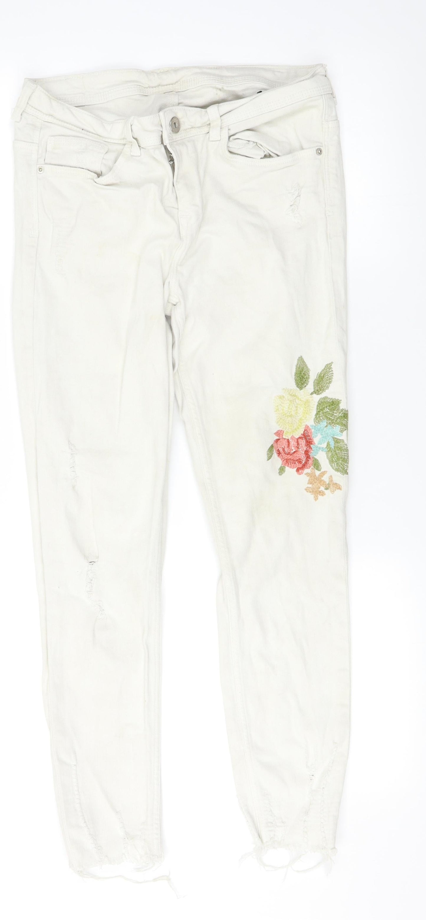 Zara Womens White Floral Denim Skinny Jeans Size 8 L25.5 in - Flowers