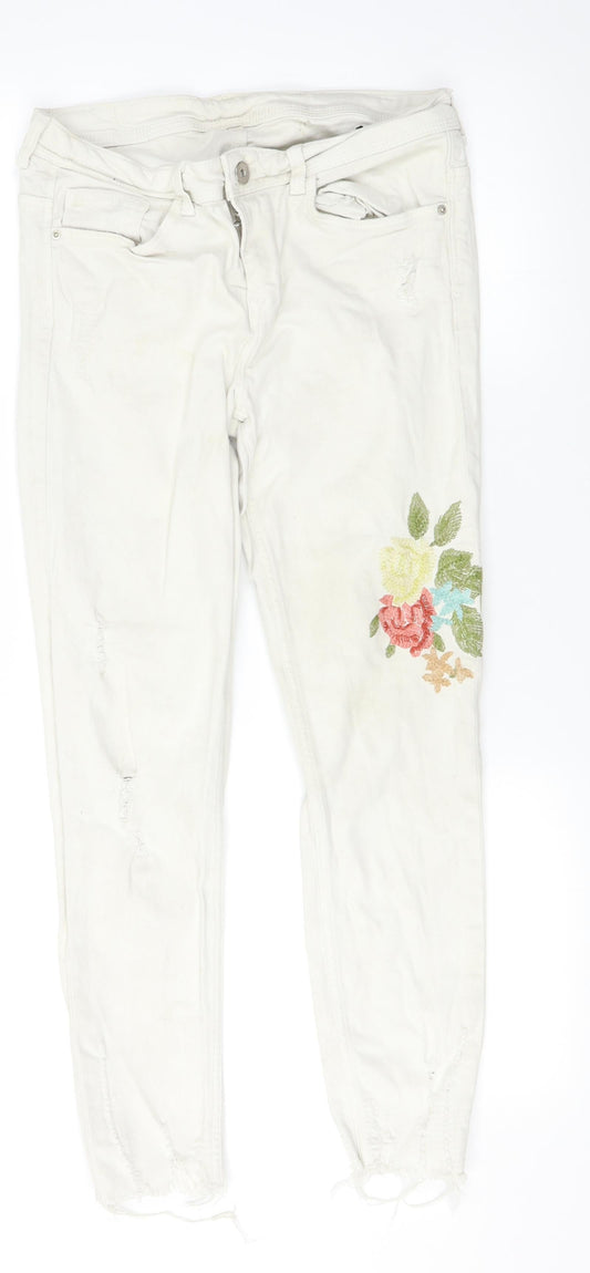 Zara Womens White Floral Denim Skinny Jeans Size 8 L25.5 in - Flowers