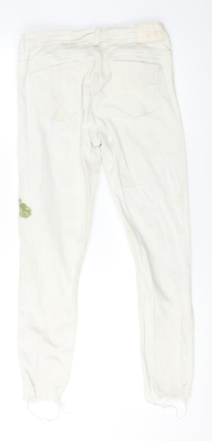 Zara Womens White Floral Denim Skinny Jeans Size 8 L25.5 in - Flowers