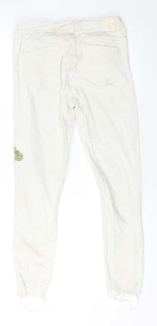 Zara Womens White Floral Denim Skinny Jeans Size 8 L25.5 in - Flowers