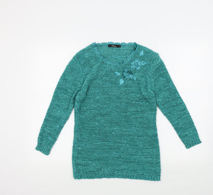 Bon Marché Womens Green   Pullover Jumper Size S  - Embroidered Floral