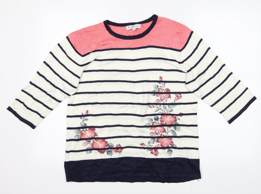 Mudflower Womens White Striped  Pullover Jumper Size L  - Flowers