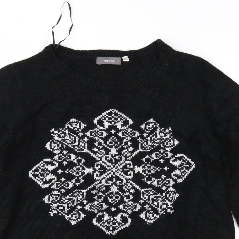 Yessica Womens Black Geometric Knit Pullover Jumper Size M