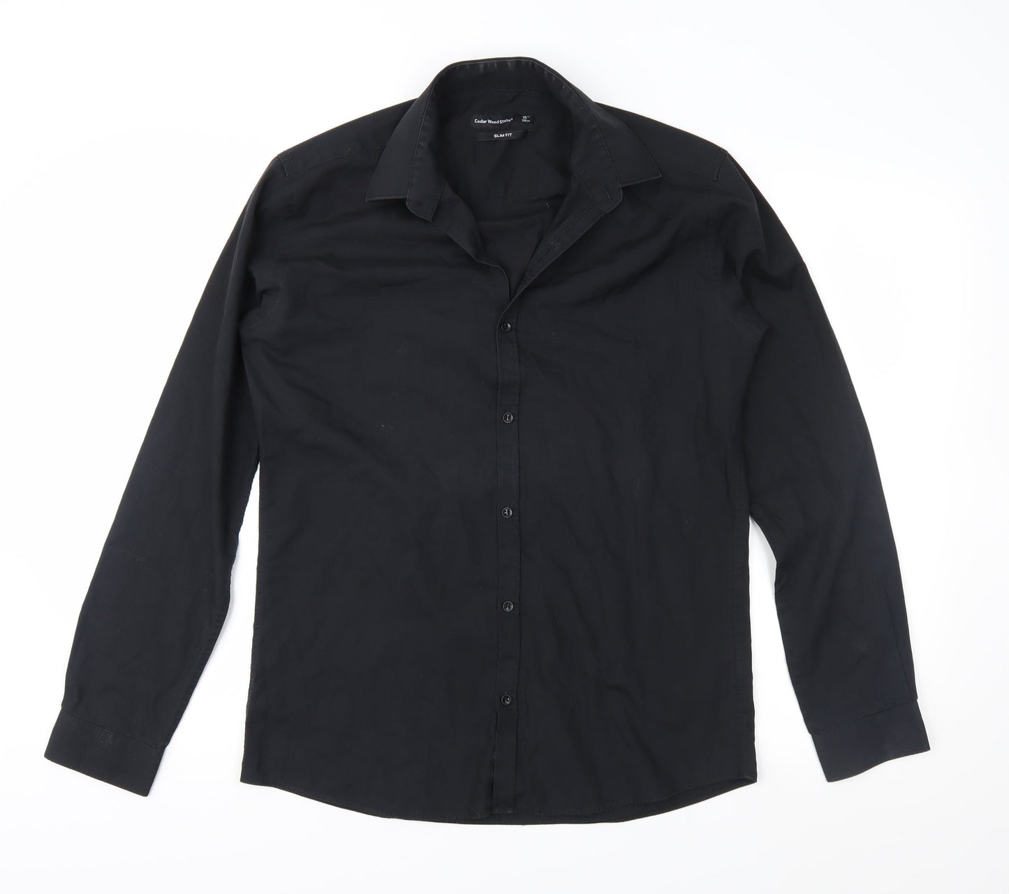 Mens UK Size 15 Cedar Wood State Black  Button-Up Long Sleeve Casual Shirt