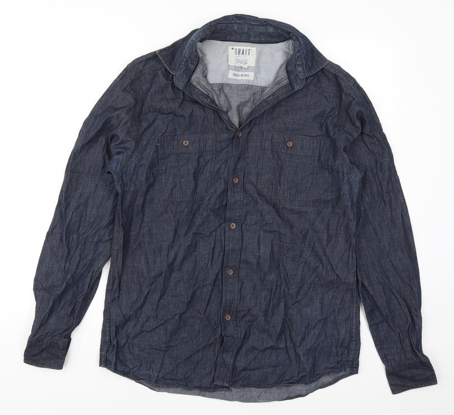 Mens UK Size M Trait Blue  Button-Up Long Sleeve Casual Shirt
