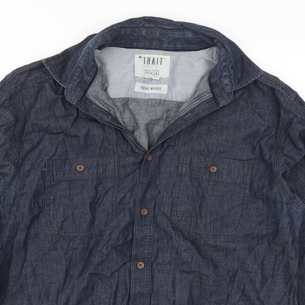 Mens UK Size M Trait Blue  Button-Up Long Sleeve Casual Shirt