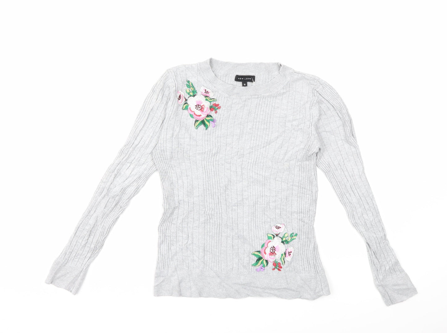New Look Womens Grey Floral Knit Pullover Jumper Size 12