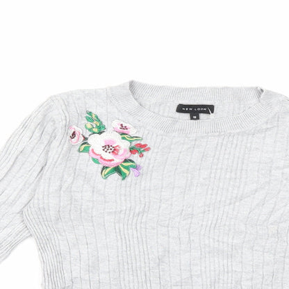 New Look Womens Grey Floral Knit Pullover Jumper Size 12